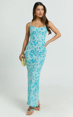 Robbie Maxi Dress Strappy Scoop Neck Column Fitted Sequin Mesh Dress in Blue