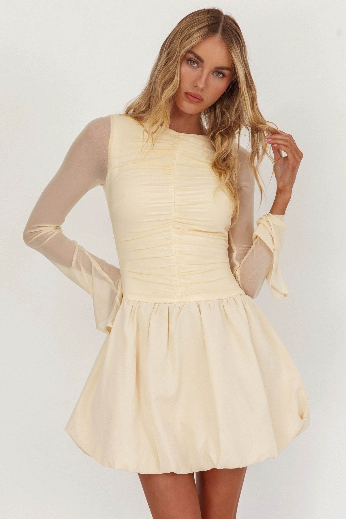 Elowin Long Sleeve Bubble Hem Mini Dress Cream
