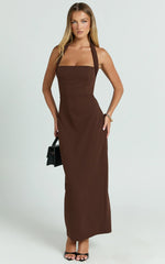 Salome Midi Dress Halter Neck Column Dress in Chocolate